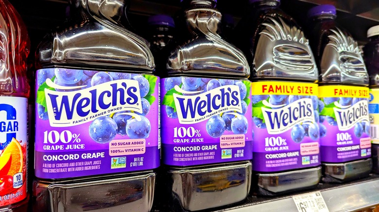 Cartons of Welch's Concord Grape Juice on shelf