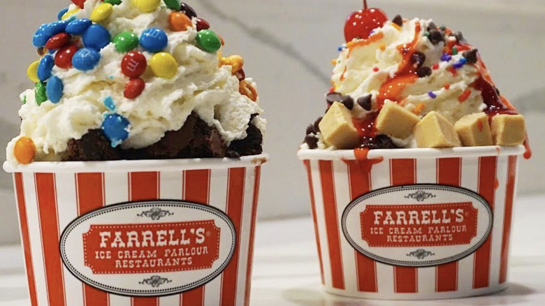 Cups of ice cream and toppings from Farrell's