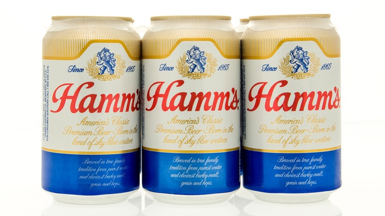 Six-pack of Hamm's beer on a white background