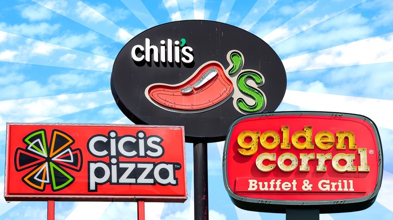 Three restaurants signs for Cicis Pizza, Chili's, and Golden Corral