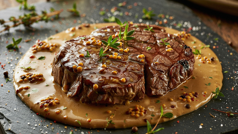 Steak Diane on a black plate