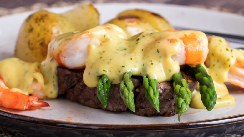 Steak Oscar with bearnaise sauce and asparagus
