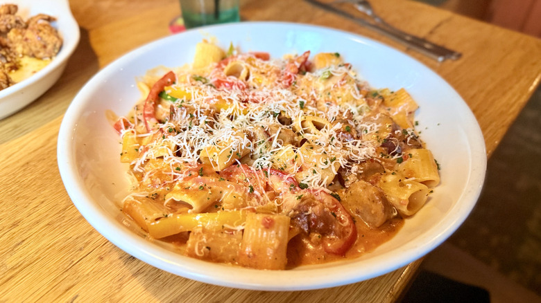 Spicy Sausage and Peppers Rigatoni in a bowl