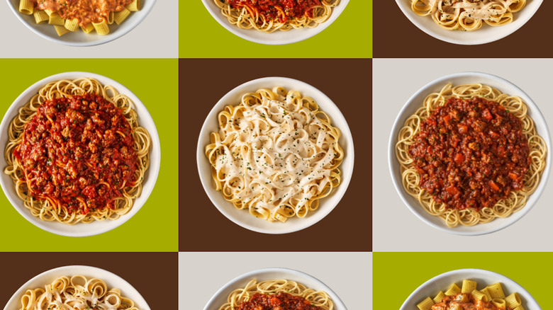 A promotional image featuring Olive Garden pasta bowls.
