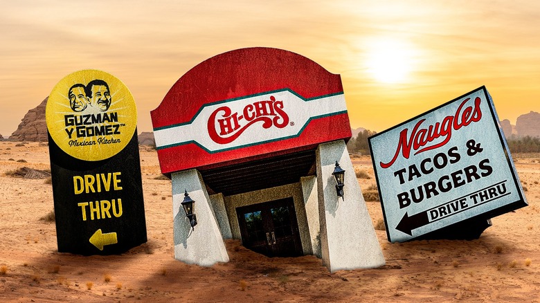 Desert with Guzman Y Gomez, Chi-Chi's, and Naugles signs sinking