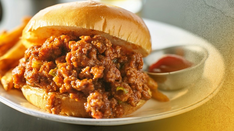 Sloppy Joe sandwich with fries and ketchup