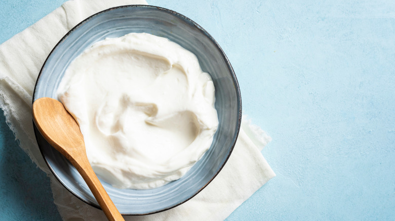 Bowl of Greek yogurt with wooden spoon