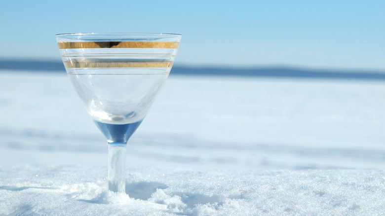 martini glass nestled in fresh snow outside