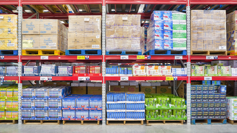 boxes of goods on shelves in Sam's club store