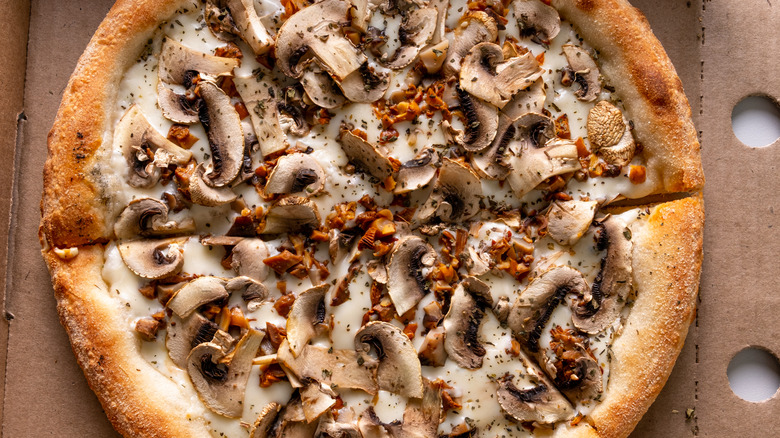 A mushroom pizza in a box