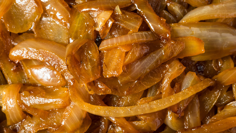 Close-up of a tangle of caramelized onions
