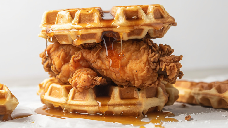 Fried chicken and waffles dripping in honey with powdered sugar