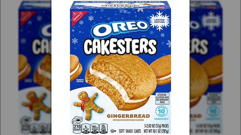 A 10-pack box of the Gingerbread flavored Oreo Cakesters on a white background.