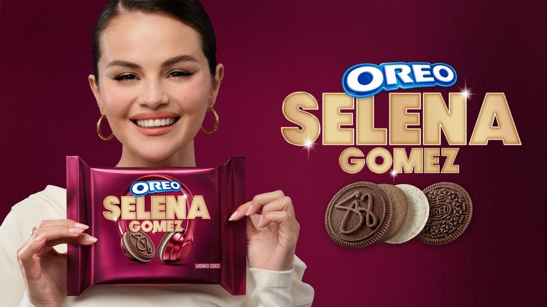 Selena Gomez holds a package of her namesake Oreos