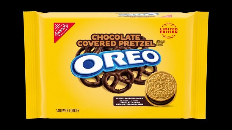 Yellow packaging for chocolate covered pretzel Oreo cookies