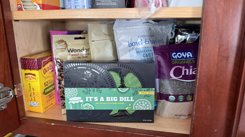 Oreo Dill Pickle Flavored Fudge Cookies in a cabinet