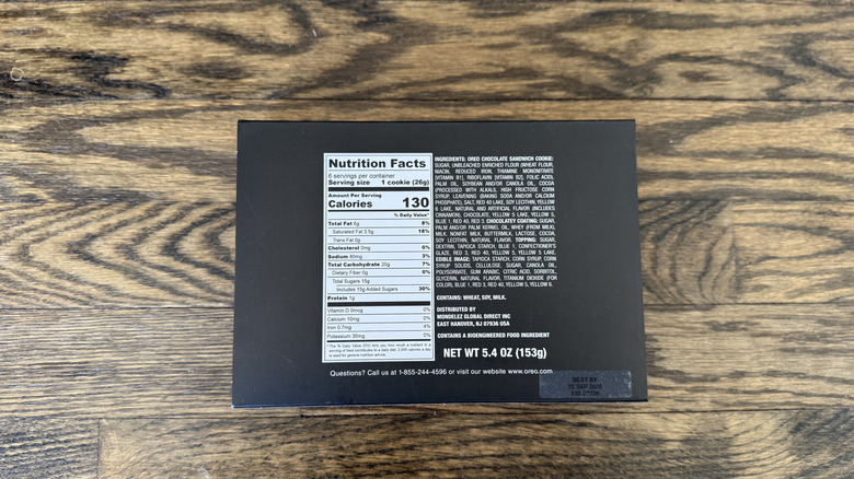 Back of the Oreo Dill Pickle Flavored Fudge Cookies box showing the nutritional label
