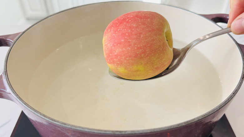 Lifting apple from pot of water