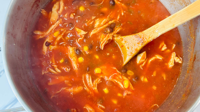Chicken tortilla soup in pot
