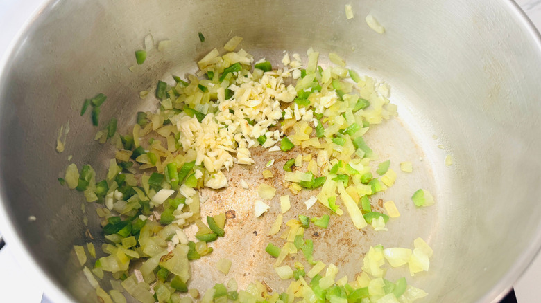 Onion, jalapeno, and garlic in pot