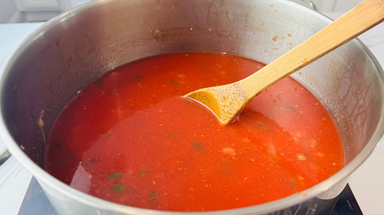 Chicken tortilla soup base in pot