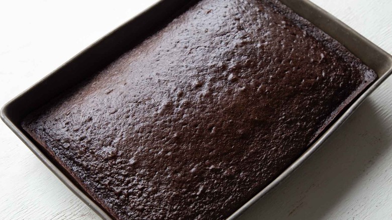 unfrosted chocolate cake in a pan
