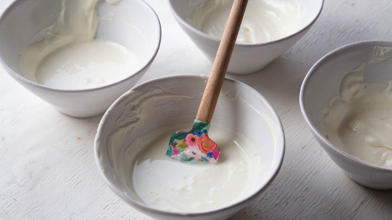 white glaze in four white bowls