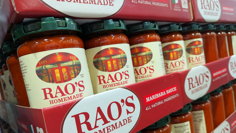 Rao's marinara sauce on display in bulk at a store.