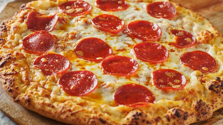 Close-up of baked frozen pepperoni pizza