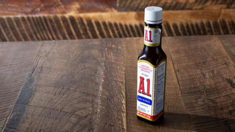 Bottle of A.1. sauce on a table