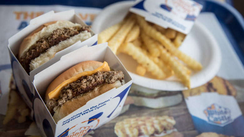 White Castle sliders on a tray with fries