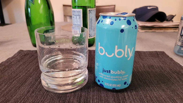 Can of Just Bubly sparkling water and glass