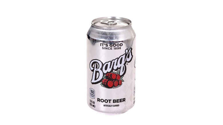 A can of Barq's root beer in front of a white background
