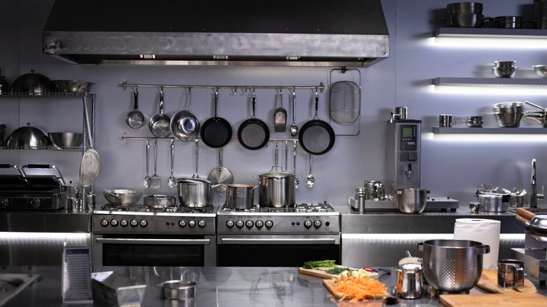 A somewhat darkened restaurant kitchen