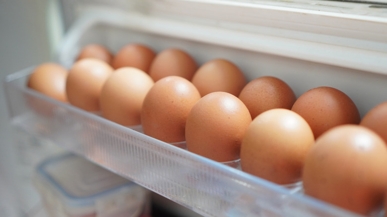 Eggs in a refrigerator door shelf