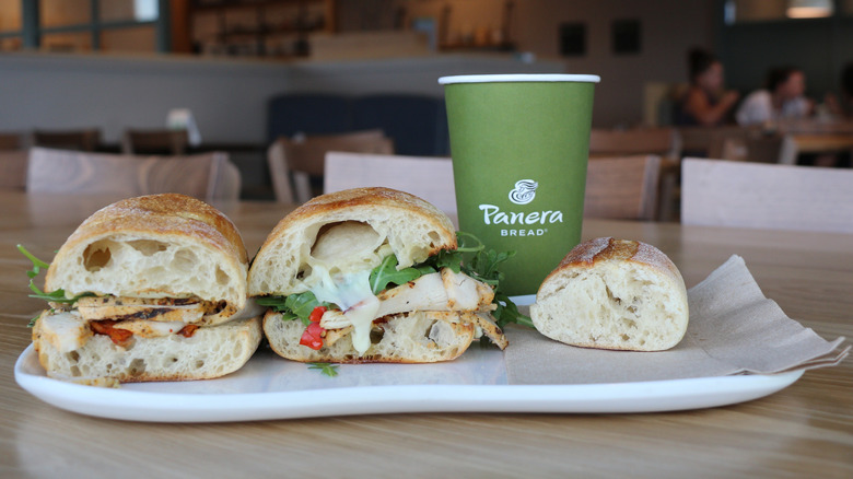 Chicken sandwich, baguette, and coffee cup from Panera