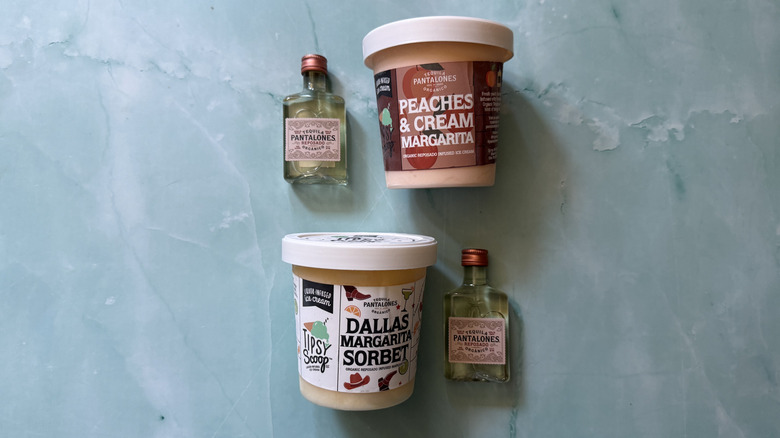 Peaches & Cream Margarita and Dallas Margarita Sorbet pints and mini bottles of Pantalones tequila
