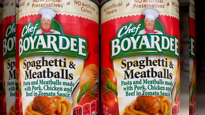Cans of Chef Boyardee spaghetti and meatballs