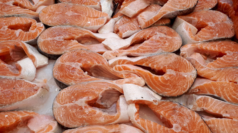 Salmon fillets on ice