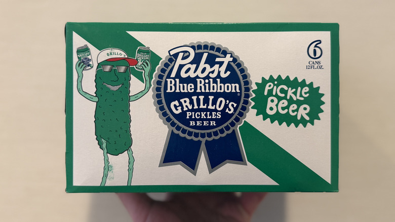A 6-pack box of PBR x Grillo's Pickle Beer
