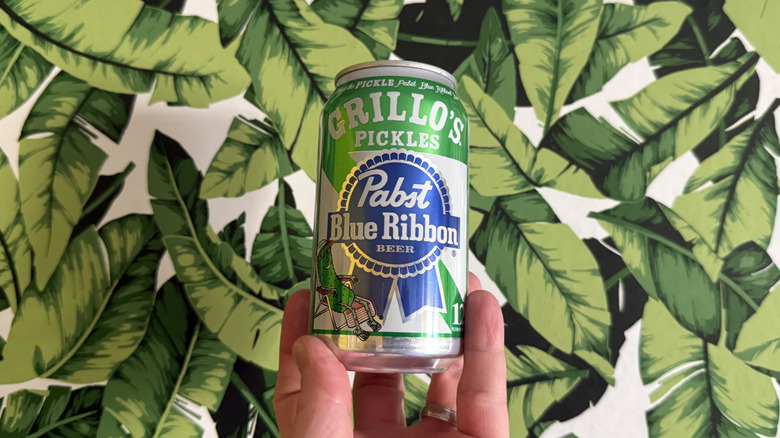 A can and glass of PBR x Grillo's Pickle Beer