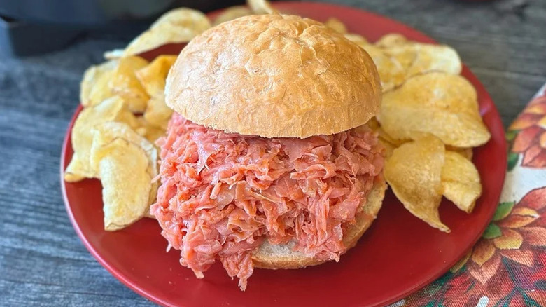 A chipped chopped ham sandwich from Isaly's with chips