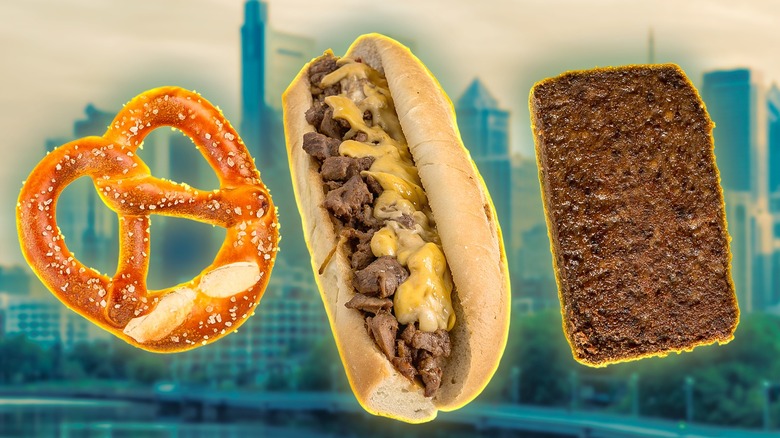 Pennsylvania foods: soft pretzel, cheesesteak, scrapple