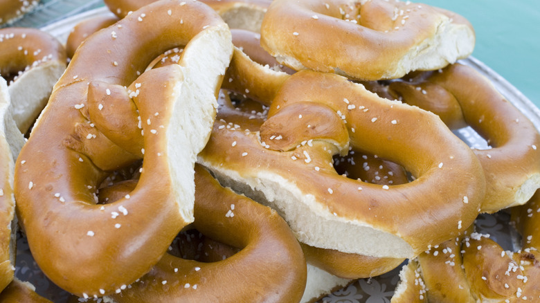 Philadelphia-style soft pretzels in a pile