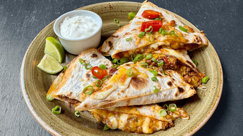 Plate of ground beef and cheese quesadillas