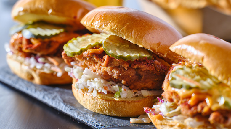 Fried chicken sandwiches with sliced pickles