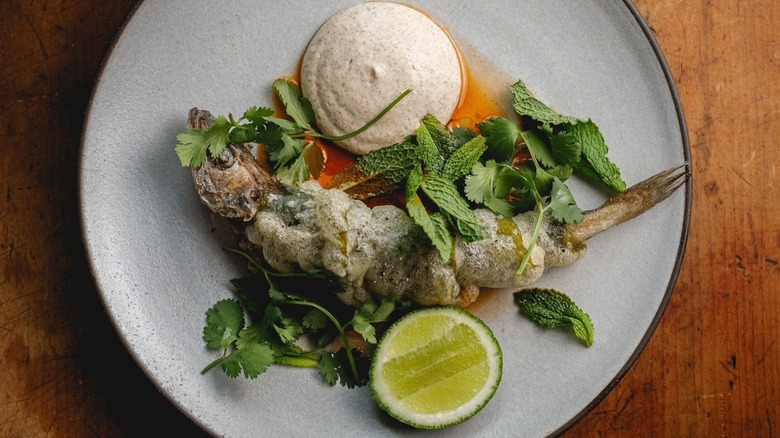 Fried whiting with sugar kelp