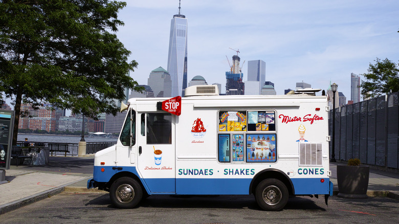 Mister Softee truck in front of city skyline