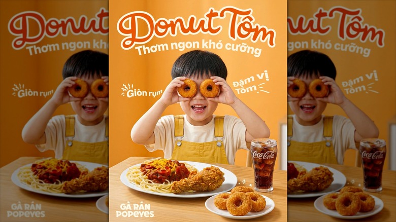 Ad showing a boy putting two Shrimp Donuts to his face to mimic glasses