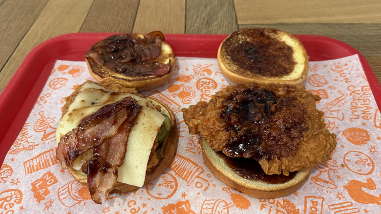 open-faced Popeyes' Honey BBQ Chicken Sandwiches